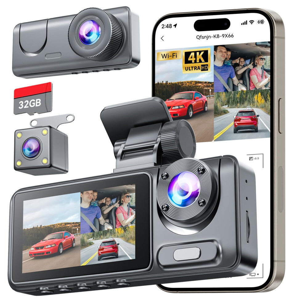 Dash Cam Front and Rear, 4K Full HD Dash Camera with 32GB SD Card, 3 Channel Dash Cam for Cars, Dashcam with G-Sensor, Loop Recording, Night Vision,-image-OPC-PHM89YM-NEW