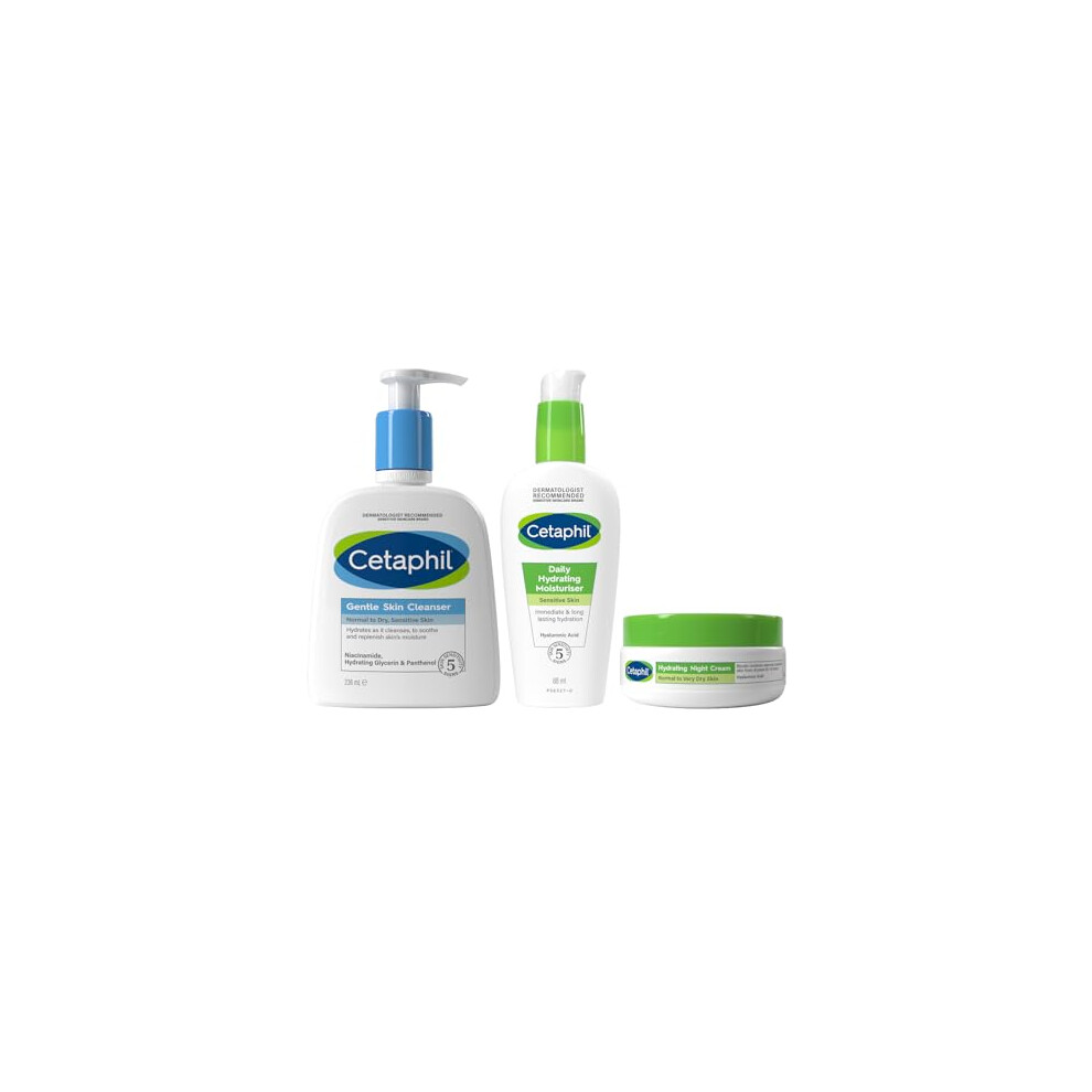 Cetaphil Ultra Hydrating Sensitive Skin Skincare Set, Gentle Skin Cleanser 236ml + Hyaluronic Acid Day Moisturiser 88ml + Night Cream 48g