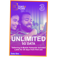 Three UK Data Sim Card Preloaded with UNLIMITED 4G/5G Data. No Contracts, No Commitments, No Credit Checks, No Tie-ins, No Personal ID. (Valid for 1