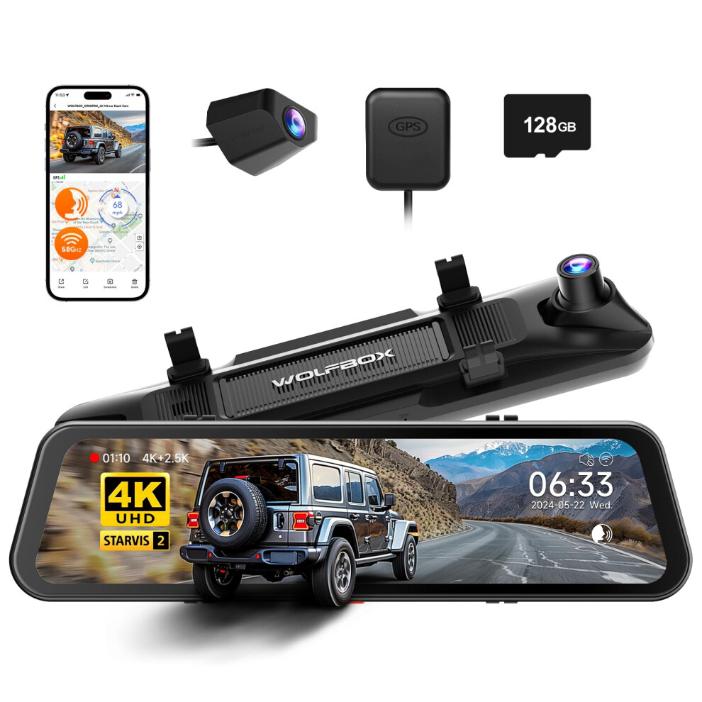 WOLFBOX G900 PRO Mirror Dash Cam with STARVIS 2 IMX678, 12 inches Rear View Mirror Camera with Front 4K and Rear 2.5K, Included 128GB Card, Voice Con