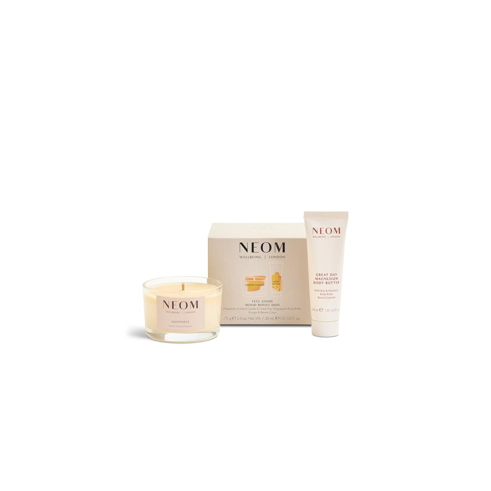 NEOM- Feel Good Mood Boost Duo Gift Set | Happiness Scented Candle & Great Day Magnesium Body Butter