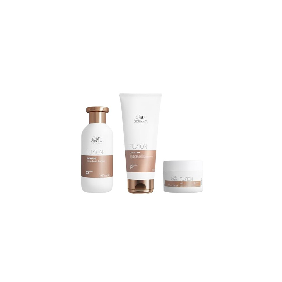 Wella Professionals Deep Repair Professional Hair Care Regime for Dry & Damaged Hair, Fusion Intense Repair Shampoo 250ml, Conditioner 200ml & Hair M