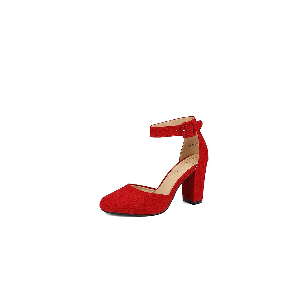 DREAM PAIRS Womens High Heels Closed Toe Court Shoes Block Ankle Strap Ladies Sandals for Wedding,Size 5.5,Red/Suede,Angela