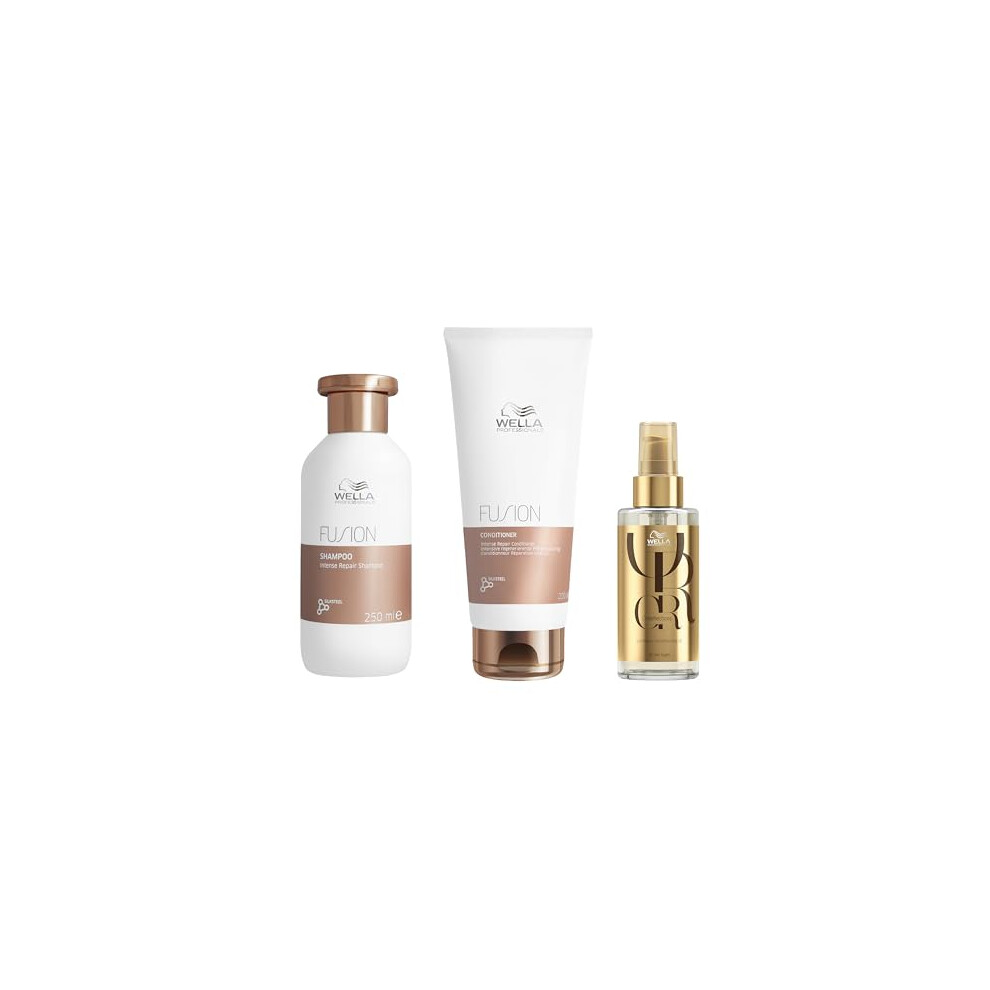 Wella Professionals Deep Repair & Care Professional Hair Care Regime for Dry & Damaged Hair, Fusion Intense Repair Shampoo 250ml, Conditioner 200ml &