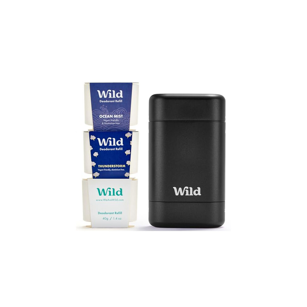 Wild Black - Mens Natural Refillable Deodorant Starter Kit - Case With Fresh Cotton & Sea Salt, Ocean Mist & Thunderstorm Scents - Long Lasting Prote