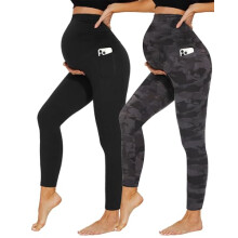 DDOBB 2 Pack Maternity Leggings Over Bump with Pockets High Waist Black Soft Belly Support Stretchy Pregnancy Pants Yoga Workout Pajama Trousers