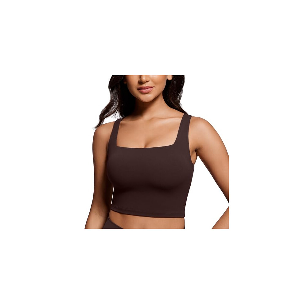 CRZ YOGA Women's Butterluxe Square Neck Sports Bra Padded Wireless Crop Top Gym Workout Tank Tops Camisole with Built in Bra Hot Fudge Brown 16