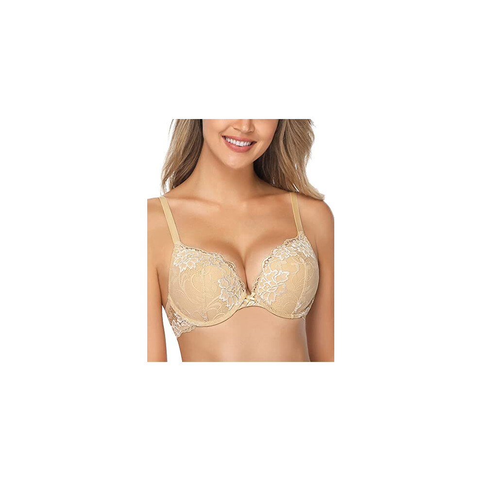 WingsLove Women's Push up Bra Floral Lace Padded Underwire Bra Demi Plunge (Nude 38C)