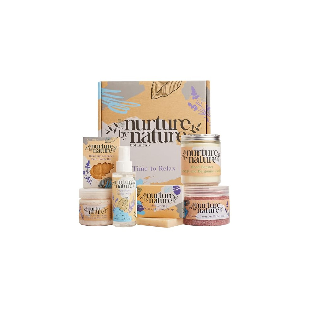 Nurture By Nature Botanicals Lavender Nurture By Nature Relax & Calm Pamper Gifts For Women - Mothers Day Hamper - Relaxation Gifts For Women With Mist, Bath Salts, Candle & More