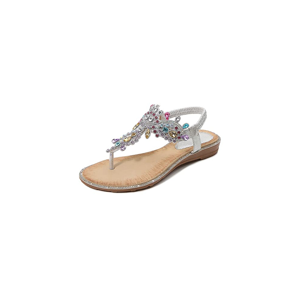iCKER Women's Flat Sandals Ladies Thong Flat Sandals Bohemian Beaded Strap Sandals Diamante Rhinestone Leather Sandals, 4UK(label size 38), Silver PD