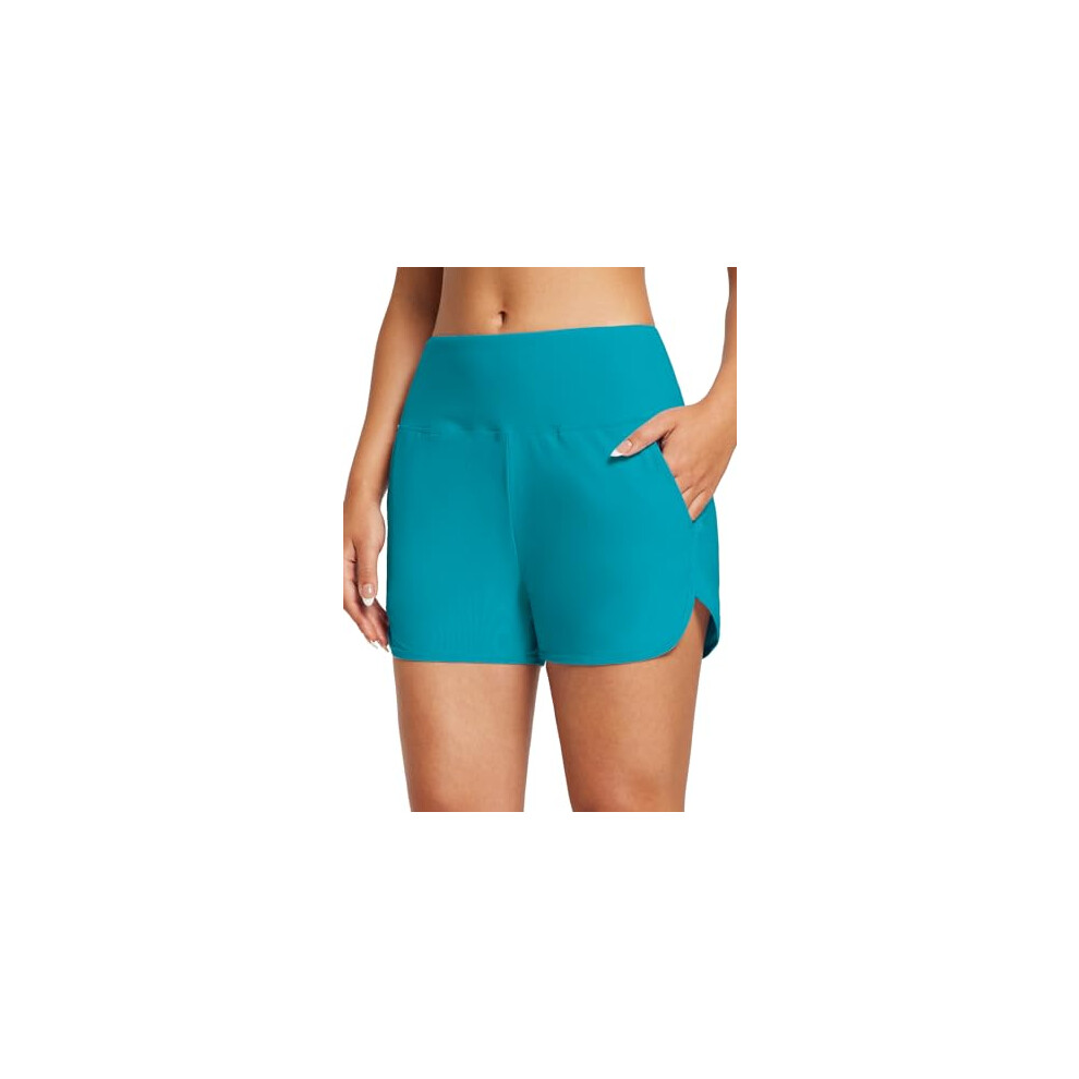 baleaf Swim Shorts Womens Tummy Control High Waisted Swimming Board Shorts with Pockets Liner Quick Dry 3'' UPF 50+ Blue L