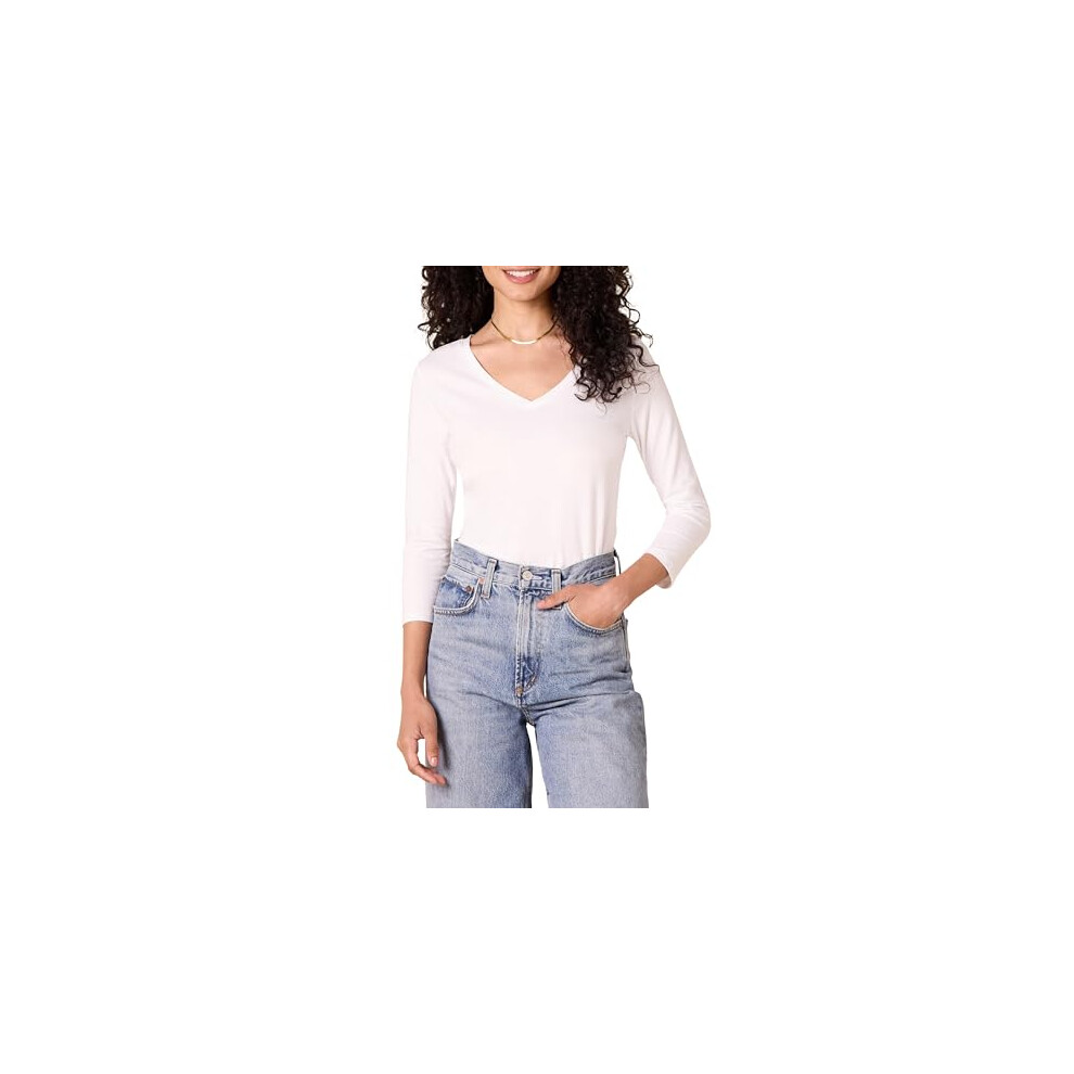 Amazon Essentials Women's Classic-Fit 3/4 Sleeve V-Neck T-Shirt (Available in Plus Size), Pack of 2, White, 3XL Plus