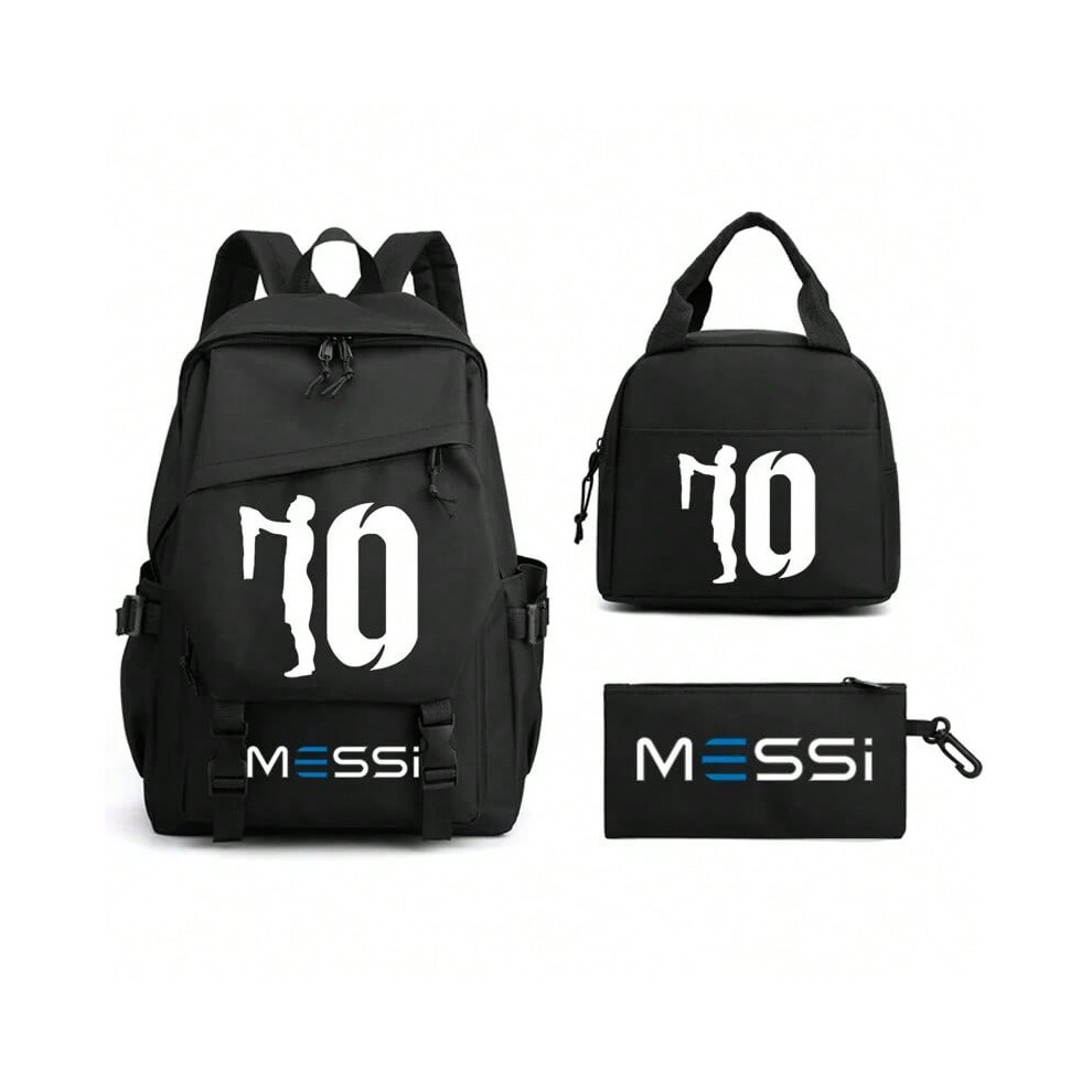 (Brown) Messi Backpacks 3pcs Teens Bookbag Nylon Rucksack Football Girl Boys Backpack Women Men Lunch bags High Schoolbag Big Mochilas