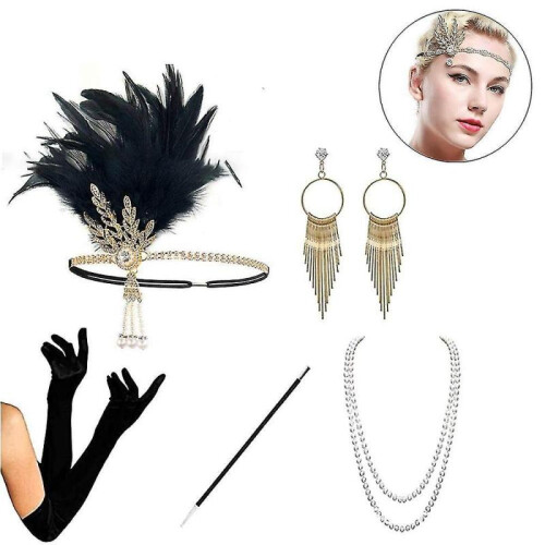 1920s Accessories Set Flapper Headband,earrings,pearl Necklace,gloves