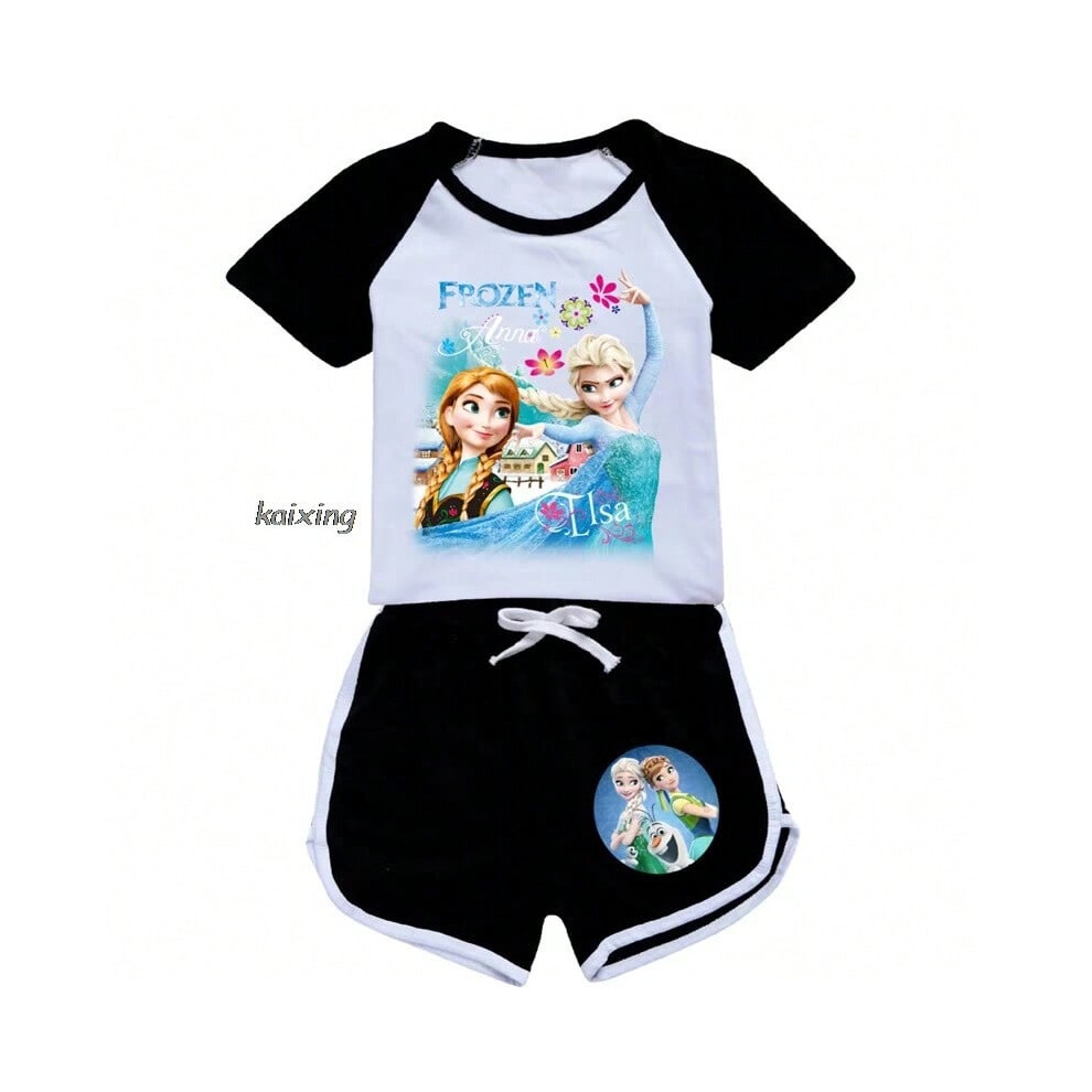 (Tshirt Pants-1, 120(5-6Y)) Frozen Elsa Princess Print Kids Summer Cute 2pcs Soft T-shirts+Pants Suits 2-15Years Teens Girls Casual Sets Children Clot-image-OPC-PHM9927-NEW