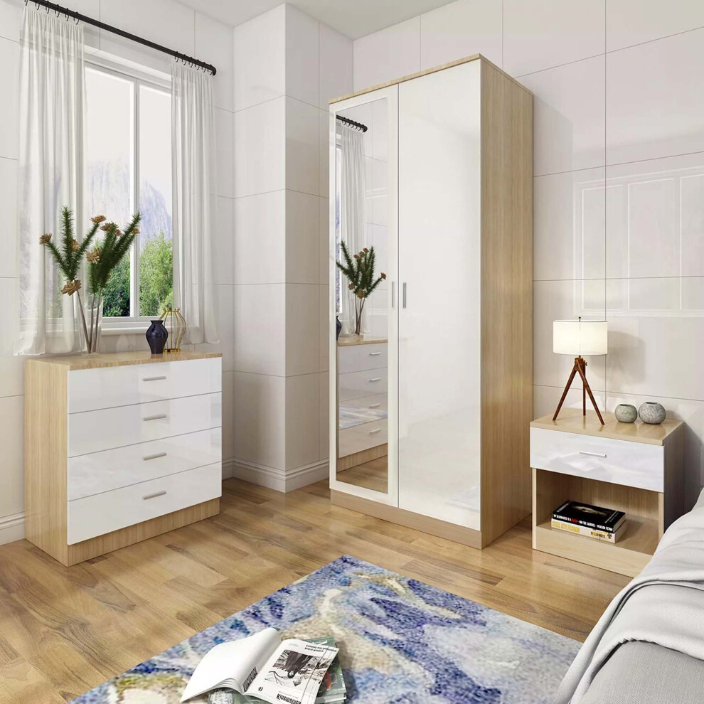 Oak/White High Gloss Bedroom Trio Set- Mirrored Wardrobe, Chest of Drawers and Bedside Table