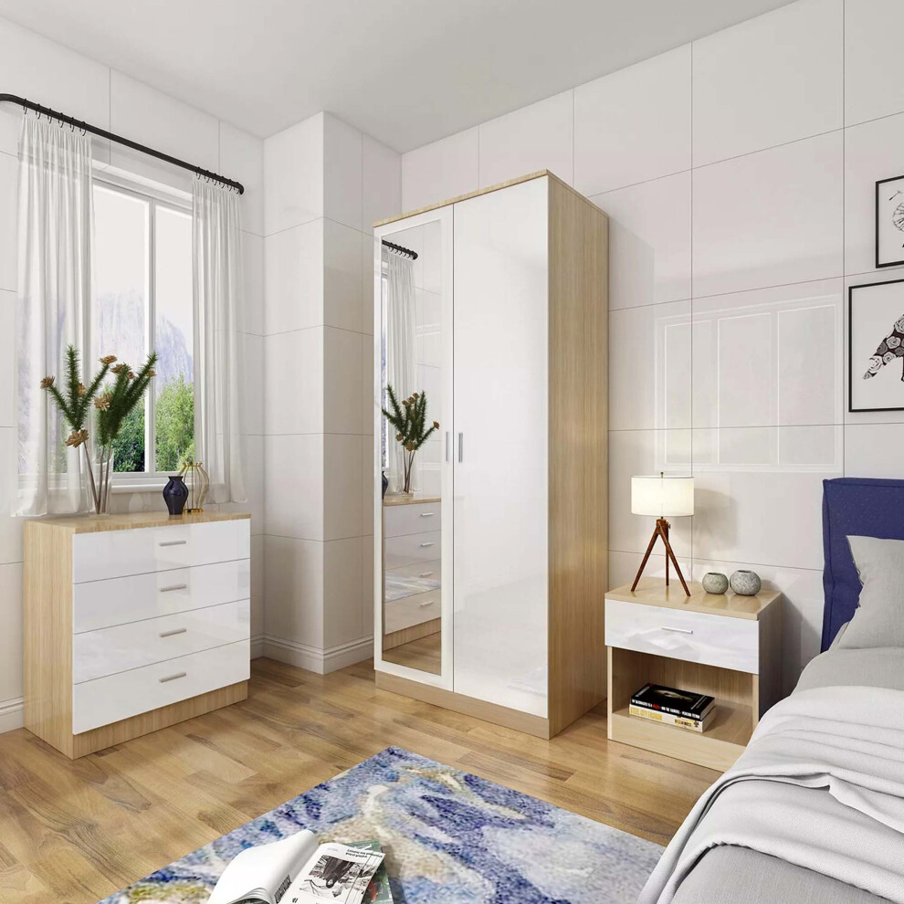 Oak/Cream High Gloss Bedroom Trio Set- Mirrored Wardrobe, Chest of Drawers and Bedside Table