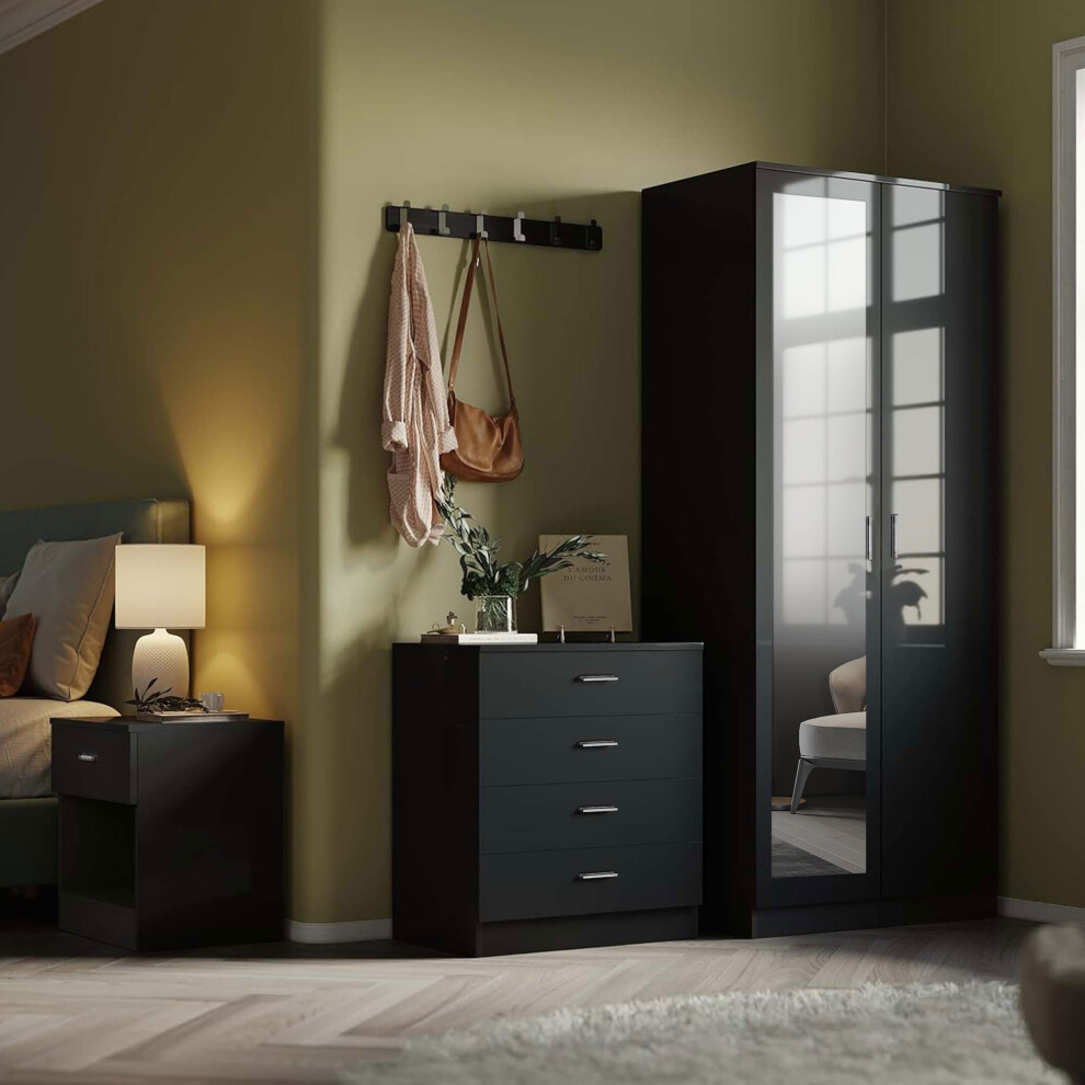 Black High Gloss Bedroom Trio Set- Mirrored Wardrobe, Chest of Drawers and Bedside Table