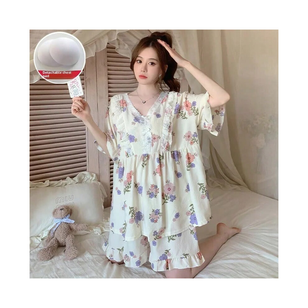 (Xxl size [recommended weight 65-75kg], Xm-1306Purple flower [with chest pad]) plus Size Cotton Spwear Women's Summer Sweet Princ Sle Home Clothes Two-image-OPC-PHM9SSG-NEW