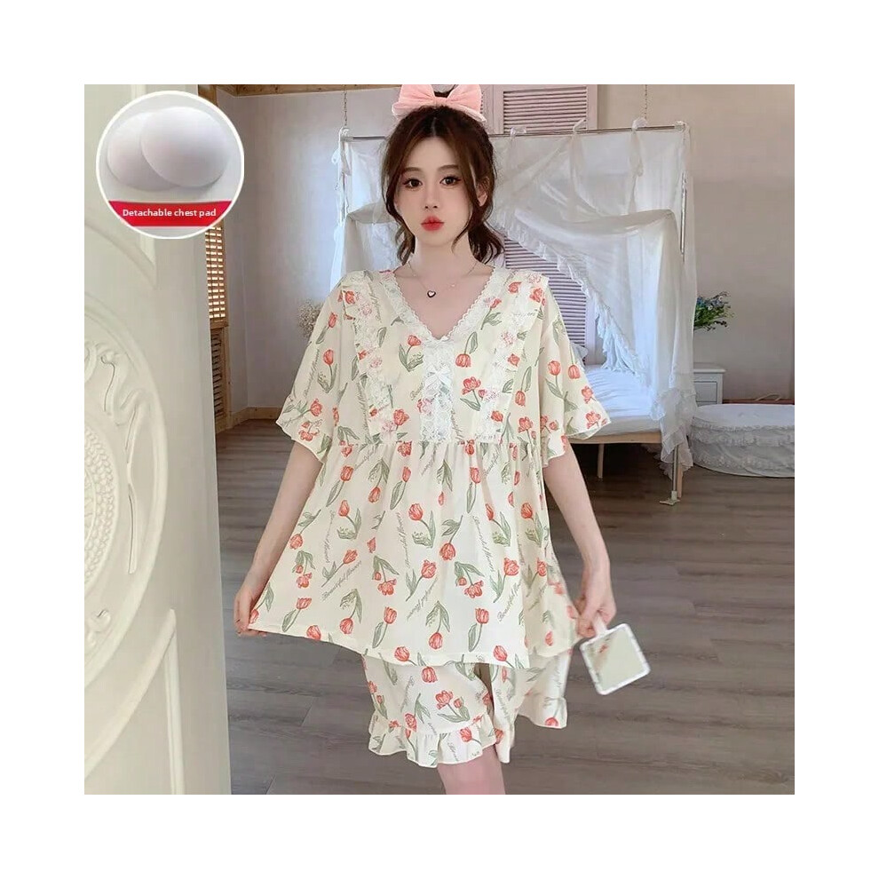 (Xxl size [recommended weight 65-75kg], Xm-1306  A flower [with chest pad]) plus Size Cotton Spwear Women's Summer Sweet Princ Sle Home Clothes Two-Pi-image-OPC-PHM9SSC-NEW