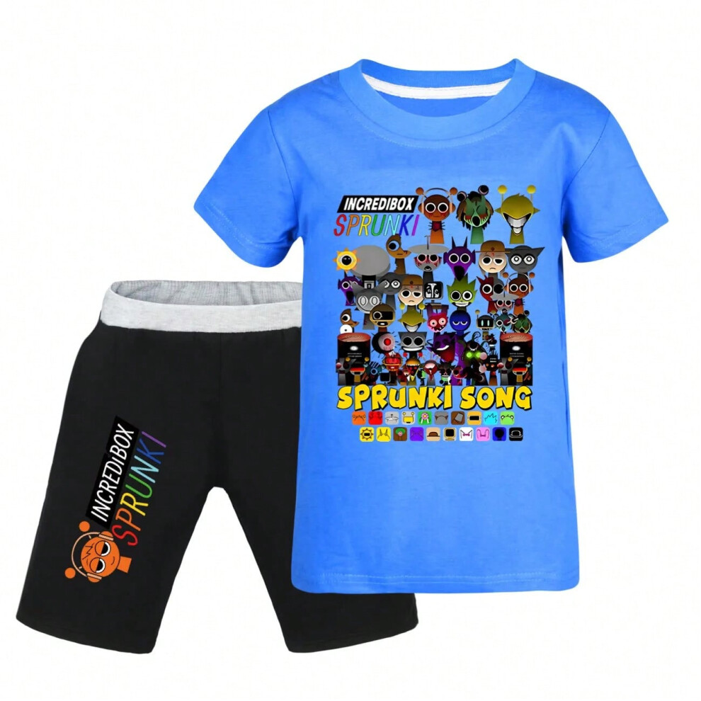 (Blue, 110) Sprunki Incredibox Anime Boy Clothes Summer Pajamas Cotton Short Sleeve T Shirt + Shorts Costume Girls Casual Sportswear Set-image-OPC-PHM9TC8-NEW