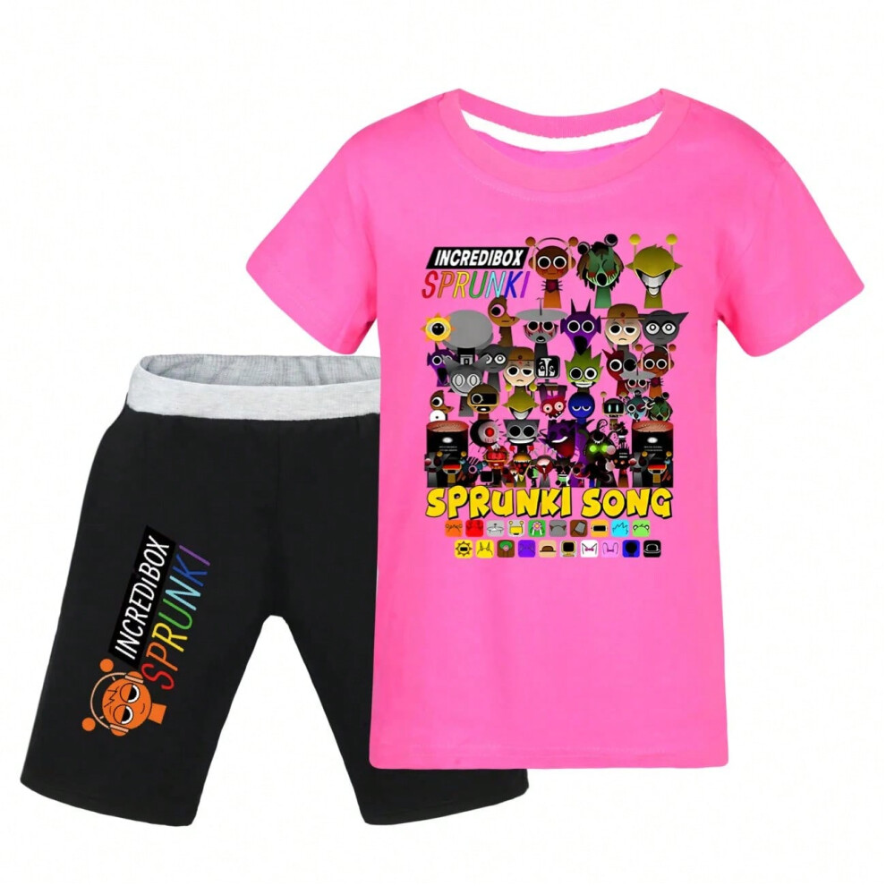 (rose red, 140) Sprunki Incredibox Anime Boy Clothes Summer Pajamas Cotton Short Sleeve T Shirt + Shorts Costume Girls Casual Sportswear Set-image-OPC-PHM9TCP-NEW