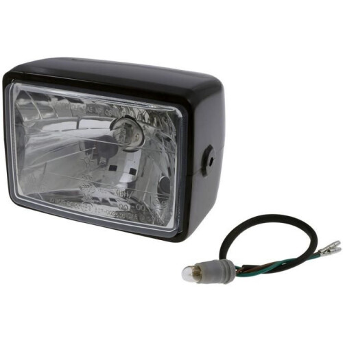 Rectangular headlight, side mount, H4 12V, ABS, black, motorcycle