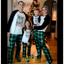 (Black and white raglan sleeves + green pants, 6T) Round neck plaid Christmas parent-child family suit
