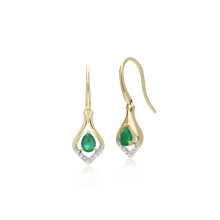 Classic Pear Emerald & Diamond Leaf Halo Drop Earrings in 9ct Yellow Gold
