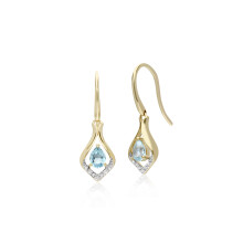 Classic Pear Blue Topaz & Diamond Leaf Halo Drop Earrings in 9ct Yellow Gold