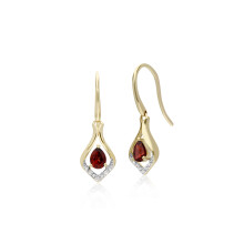 Classic Pear Garnet & Diamond Leaf Halo Drop Earrings in 9ct Yellow Gold