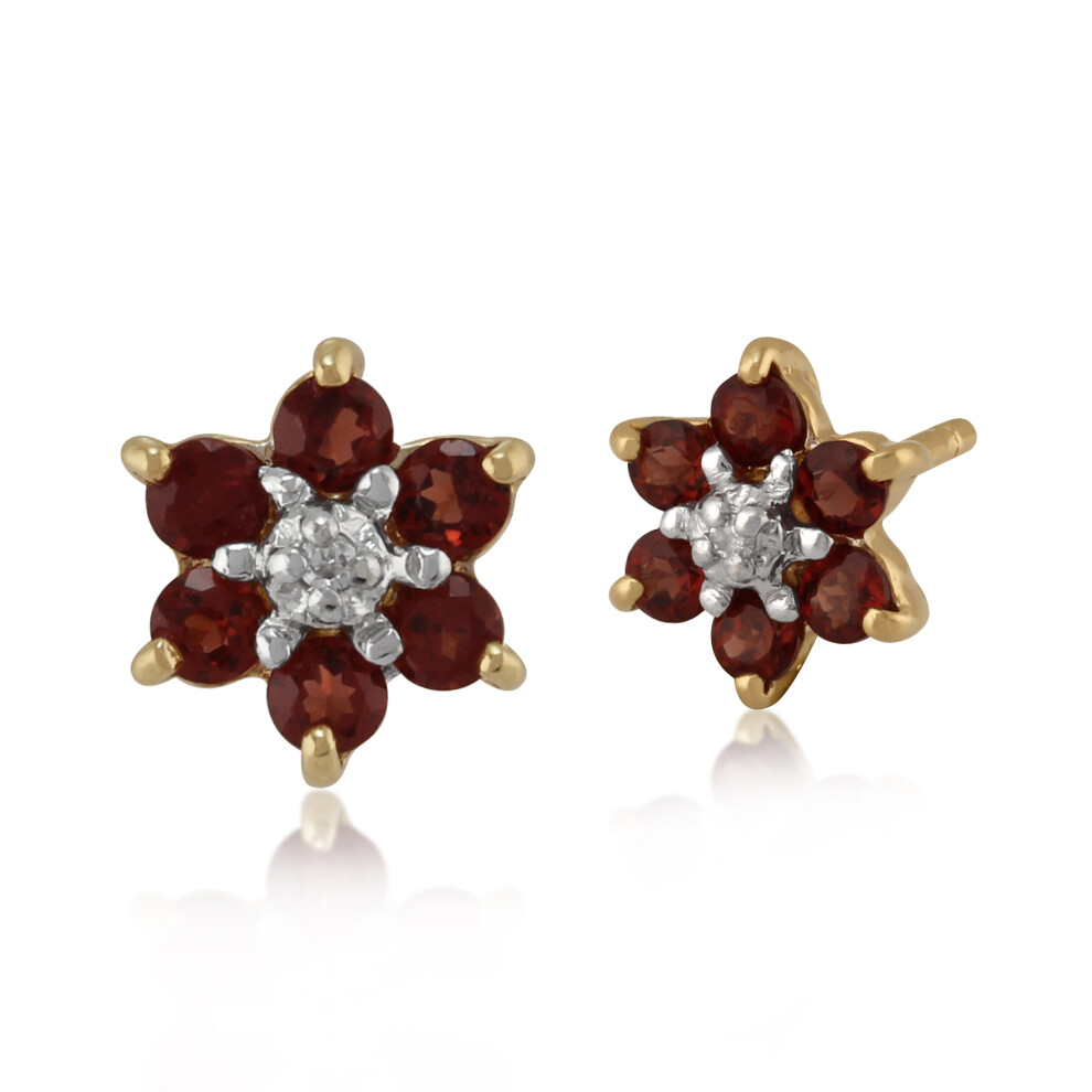 Gemondo Women's Red Floral Oval Garnet & Diamond Cluster Stud Earrings In 9Ct Yellow Gold