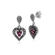 Art Deco Style  Round Ruby & Marcasite Heart Drop Earrings in 925 Sterling Silver