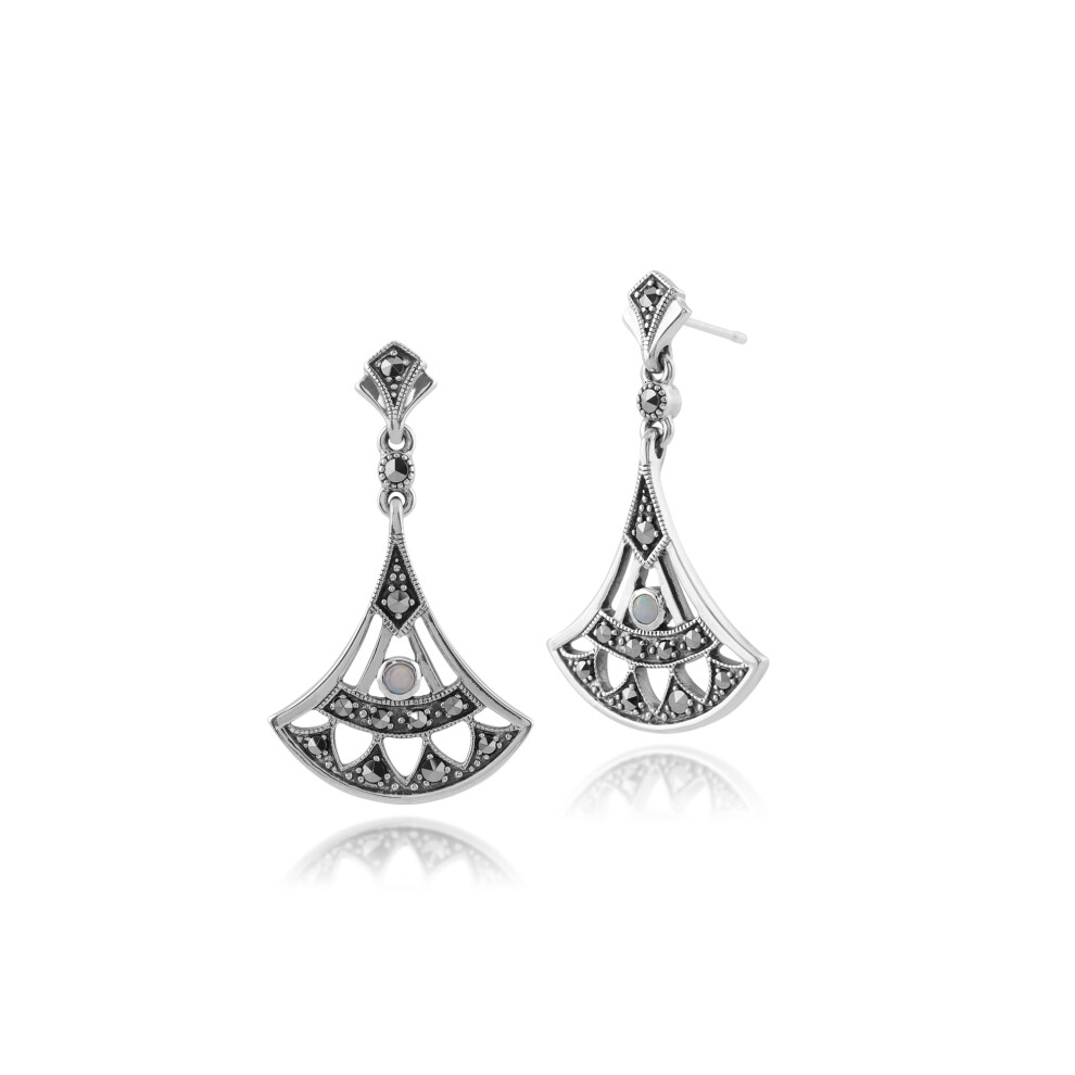 Boucles d'oreilles pendantes ajourées en argent sterling 925, style Art déco, avec opale ronde et marcassite