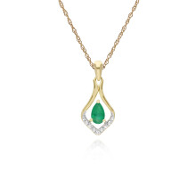 Pendentif classique en or jaune 9 carats avec halo de feuilles à trois diamants et émeraude poire
