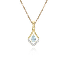 Pendentif classique en or jaune 9 carats avec aigue-marine poire et halo de trois feuilles de diamants