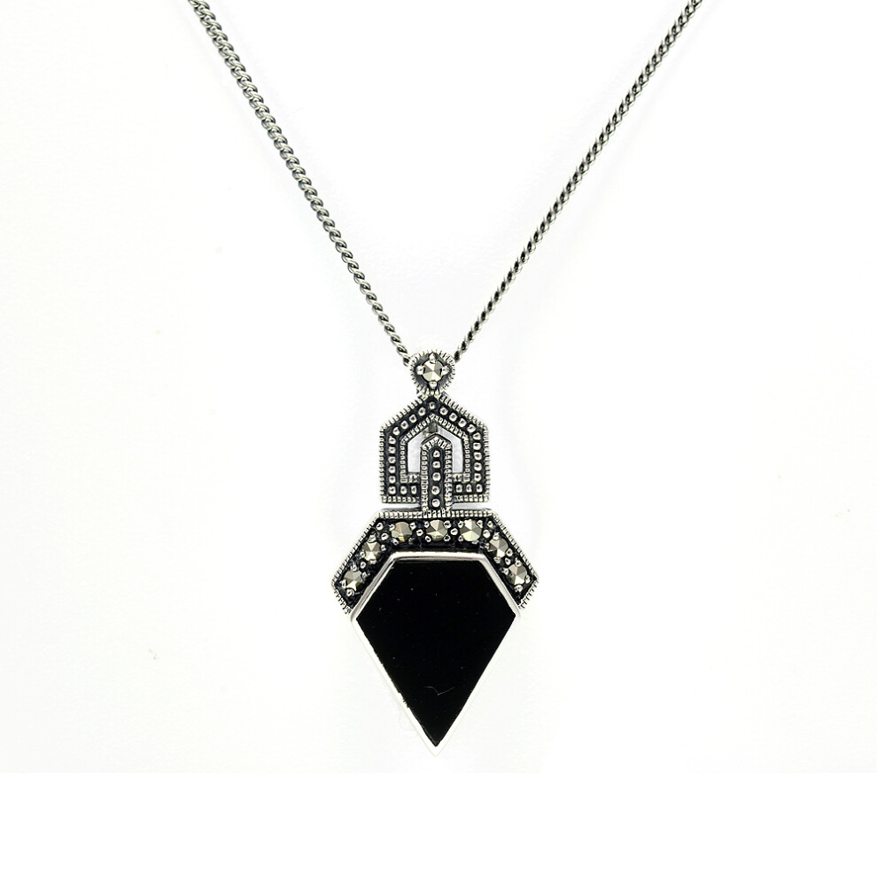Pendentif Art déco en onyx et marcassite taille irrégulière en argent sterling 925