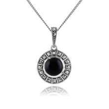 Pendentif rond en onyx noir et marcassite de style Art déco en argent sterling 925