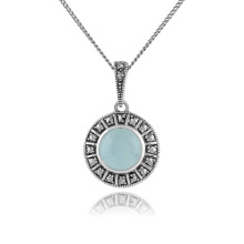 Pendentif Art déco en argent sterling 925, cabochon rond en aigue-marine laiteuse et marcassite