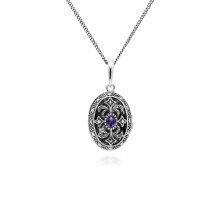Ovale Medaillon-Halskette mit Amethyst und Markasit im Jugendstil aus 925er Sterlingsilber