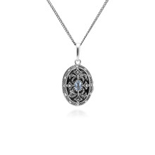 Medaillon-Halskette im Jugendstil mit ovalem Topas und Markasit aus 925er Sterlingsilber