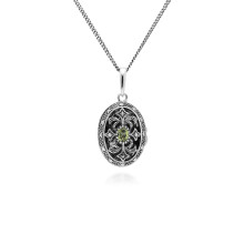 Ovale Medaillon-Halskette im Jugendstil mit Peridot und Markasit aus 925er Sterlingsilber
