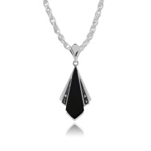 Pendentif goutte en argent sterling 925, style Art déco, en onyx noir et marcassite