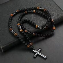 8 mm čierny obsidiánový náhrdelník s korálkami z tigrieho oka s príveskom hematitový kríž pre mužov