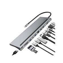 12 in 1 USB C Type Hub Adapter, Multi Port Triple Display Dongle Type-C to Dual HDMI, VGA, USB 3.0, PD Charging, SD/TF Card Reader, Gigabit Ethernet