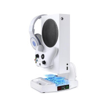 Vertical Stand with Cooling Fan for Xbox Series S Console, Dual Controller Charger Station, 3 Level Adjustable Wind Speed with Headset Holder