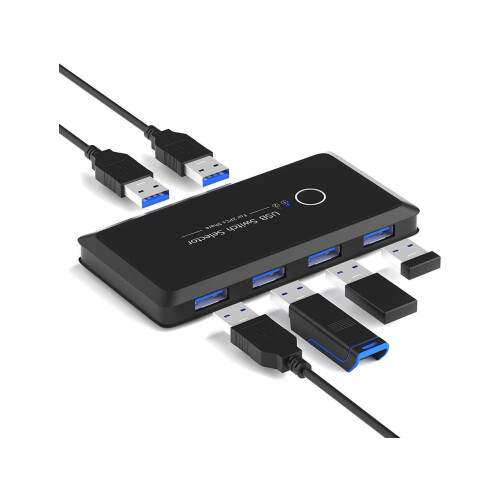 USB 3.0 Switch Selector, KVM Switcher for 2 PC Sharing 4 USB Devices, Mouse Keyboard Scanner Printer Computer, with One Button Swapping and 2 USB Cabl
