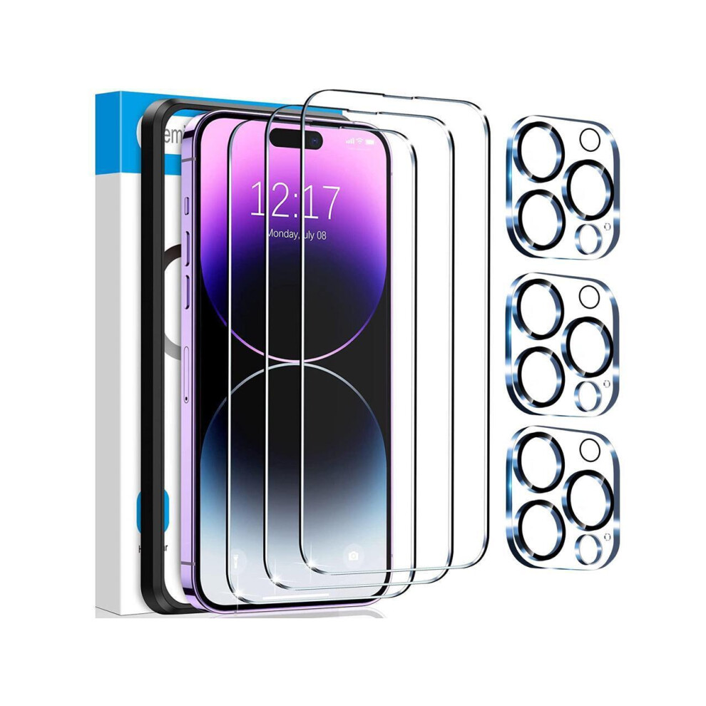 [3+3 Pack] Iphone 15 Pro 6.1 Inch Screen Protector With Camera Lens Protector, 9H Shatterproof Tempered Glass Film With Easy Installation Frame, Hd Cl 609808291445