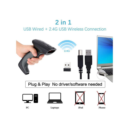 2-in-1 USB Wired & 2.4G Wireless Barcode Scanner CMOS Image Barcode Reader 1D 2D QR PDF417 Data Matrix Code Scanner Cordless Barcode Scanner for Super 2