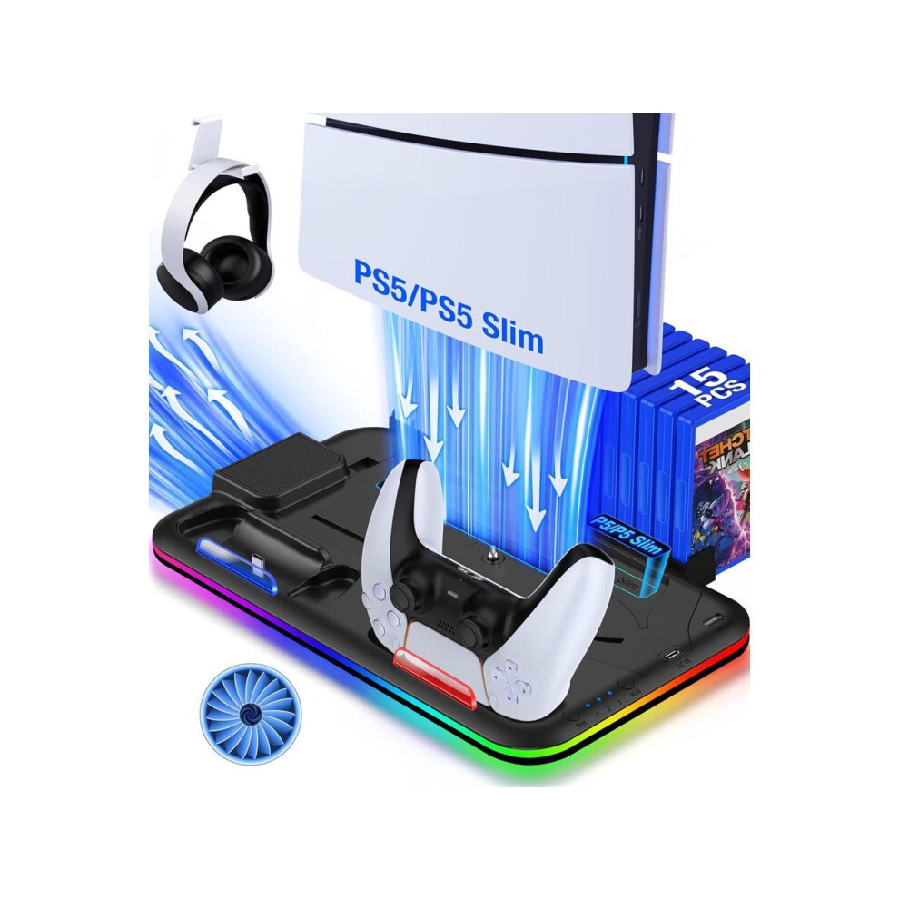 For Ps5 / Ps5 Slim Stand Cooling Station With Controller Charger For Playstation 5/Slim Console, Ps5 Accessories Vertical Stand With Cooling Fan, Rgb 609808304596